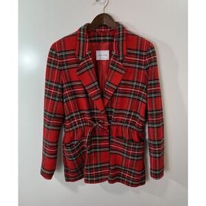 Olivier Strelli Women’s Wool Tartan Blazer Sz L 42 Red Plaid Preppy Academiacore